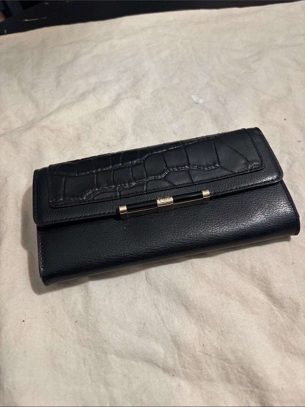 Diane Von Furstenberg Black Croc-Trim Fold Wallet with Gold Accent